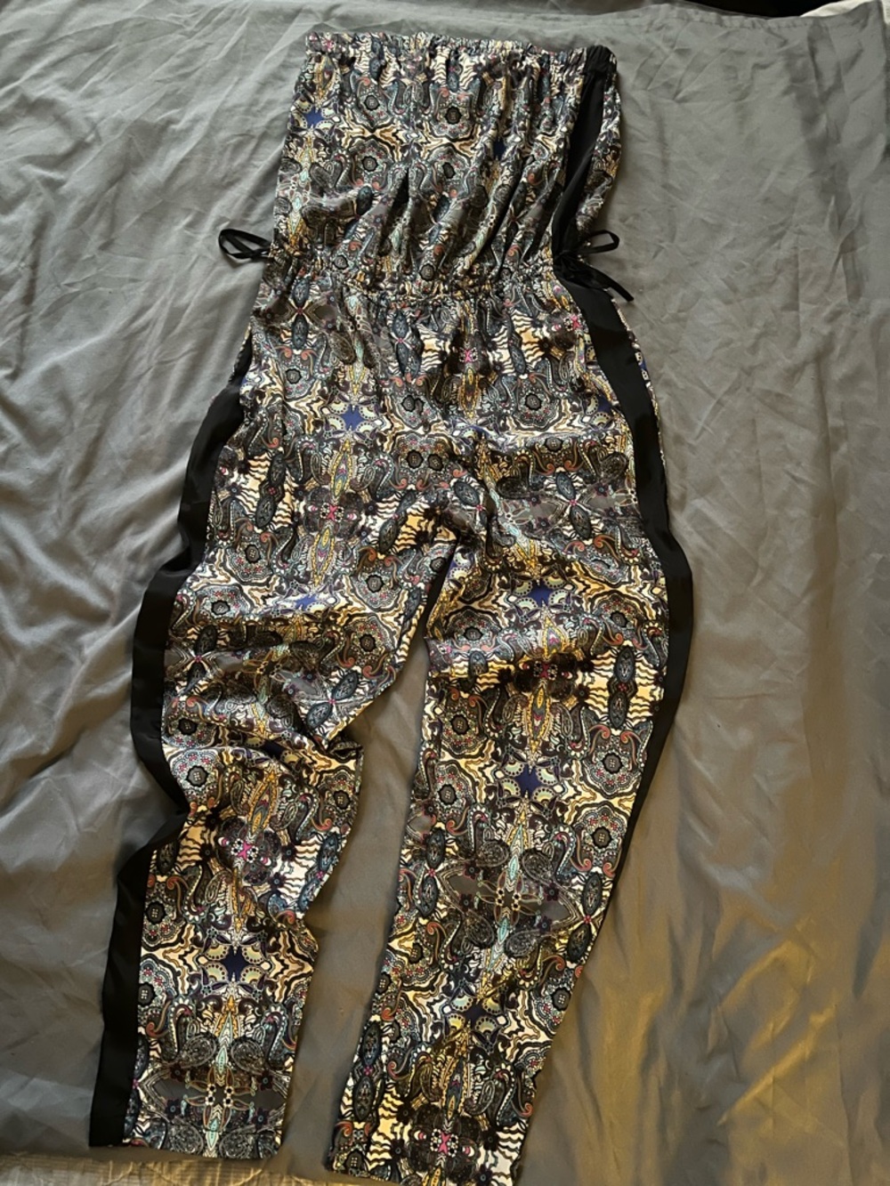 Printed Strapless Jumpsuit with Black Side Trim - Multicolor